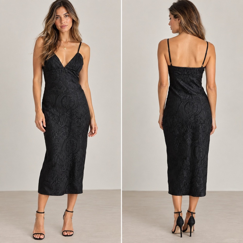 Jenni Kayne Black Paisley Jacquard Bustier Slip V-Neck Midi Dress Silk Lining